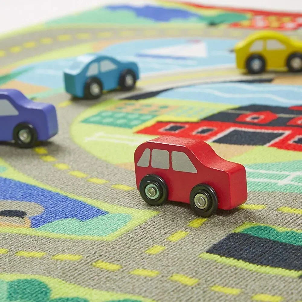 Melissa & Doug Round the Town Road Activity Rug w/ 4 Wood Cars 39x36